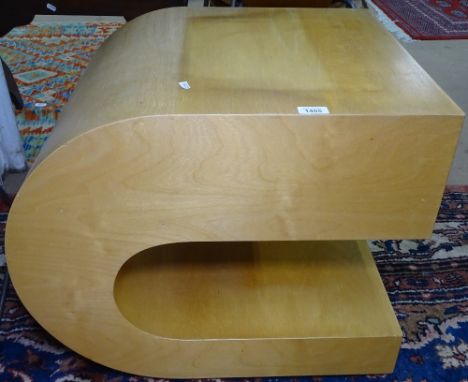 A modernist bent ply C-shape coffee table with shelf, H52cm 