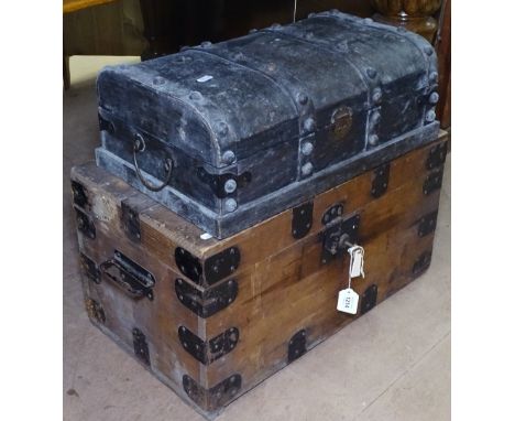 A small steel-bound Victorian pine trunk, and a dome-top trunk 