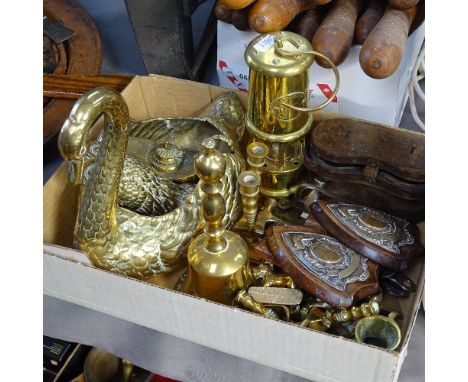 A reproduction miner's lamp, 17cm, brass ornaments etc 
