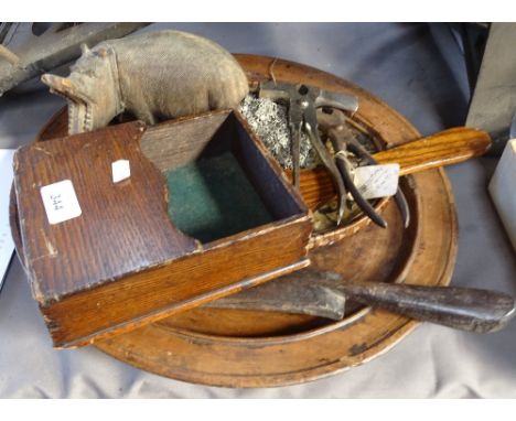 Vintage tools, an oval tray, 31cm, treen items, and a coin-fringed cap 