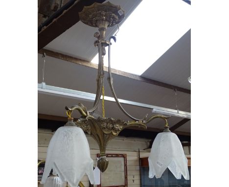 A 3-branch brass ceiling light fitting with shades, 40cm across approx 