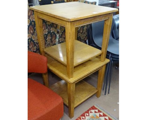 A pair of square light oak 2-tier lamp tables on square tapered legs, W60cm, H56cm 