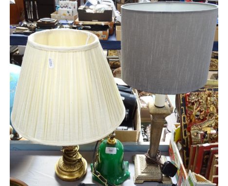 A table lamp with moulded design of cherubs, height 50cm, a green glass light shade, and a Classical design table lamp (3) 