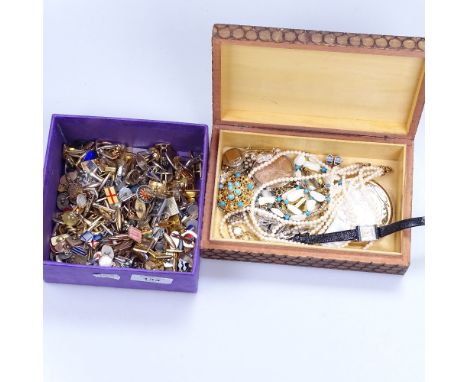 Various cufflinks, and a carved wood box with costume jewellery 