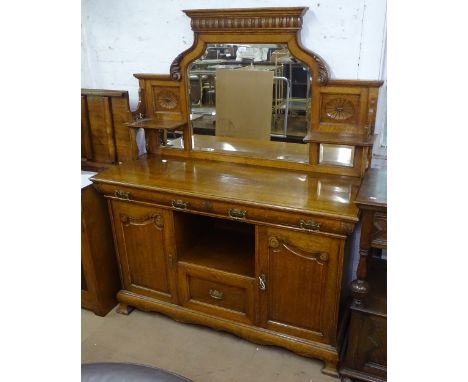 A Victorian light oak mirror-back sideboard, with 2 frieze drawers, and fielded panel cupboards under, W152cm, H183cm 