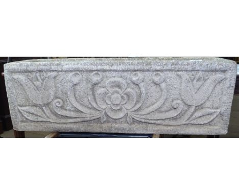 A rectangular weathered embossed concrete garden trough, W80cm 