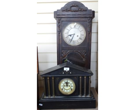 A slate architectural design mantel clock, with 2-train movement, height 33.5cm, and a stained-wood cased wall clock 