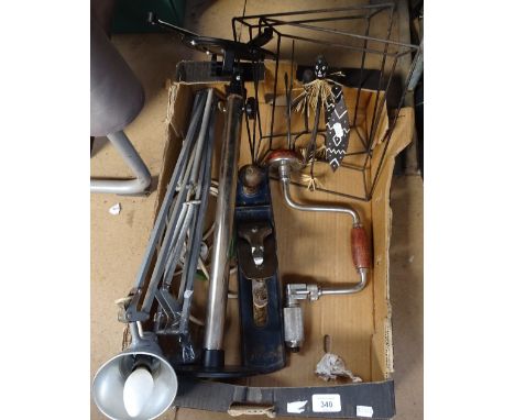 An anglepoise lamp, a Record plane, Tribal style figures etc 