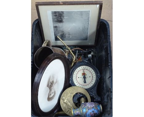 A box with balance scales, a copper jug, and other metalware 