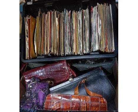 Vintage handbags, 45 rpm records etc 