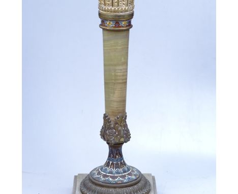 A Vintage onyx lamp with enamelled brass mounts, chimney and shade, base height 47cm (incomplete) 