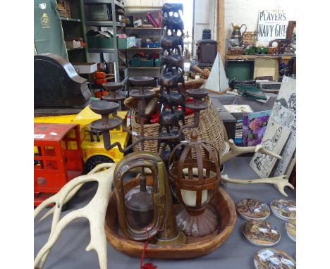 An antler, an elephant ornament, candelabrum, military bugle etc 