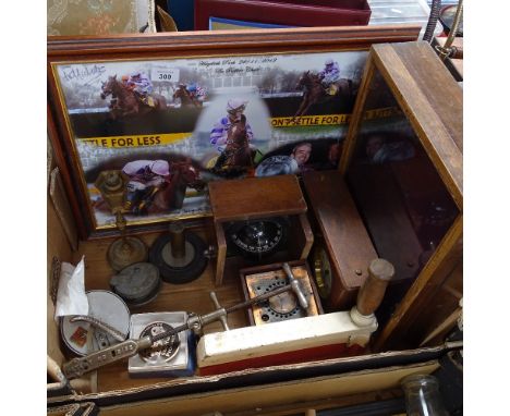 A table-top display case, length 39cm, a signed racing picture, a gimballed compass, fishing reels etc 