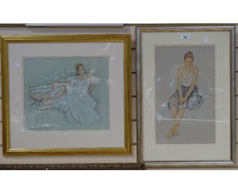 Louisa Dominguez, pair of pastels on paper, female studies, signed, portrait image dimensions, 16" x 9.5", framed (2) 