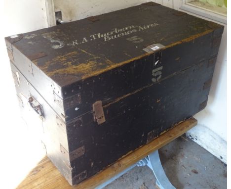 A large Victorian stained camphorwood travelling trunk, for R.A. Thorburn Buenos Aires, L99cm, H57cm 
