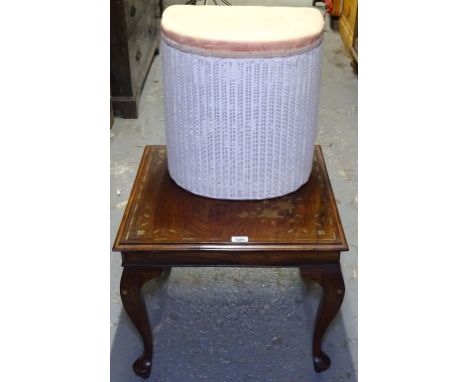 A hardwood and brass inlaid lamp table, a Lloyd Loom laundry bin etc 