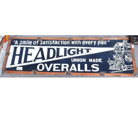 A Vintage American enamel advertising sign for "Headlight Union Made Overalls", length 89cm 