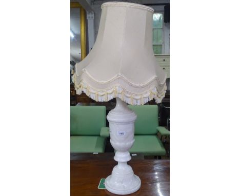 A white marble baluster table lamp and shade, height to top of bayonet 53cm 