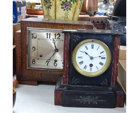 A slate and marble-cased mantel clock, height 22.5cm, and an Art Deco 3-train mantel clock 