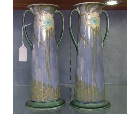 A pair of Art Nouveau Minton 2-handled vases, with stylised floral designs, 29.5cm 