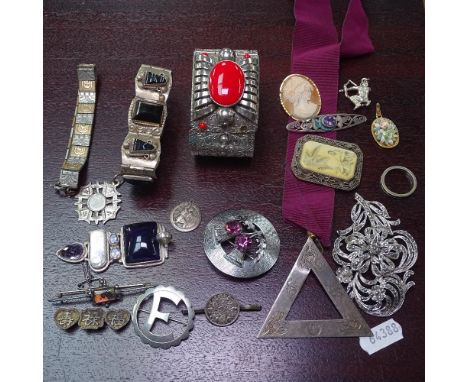 A box containing an Indian white metal bangle, a silver Masonic medallion, and other silver costume jewellery etc 