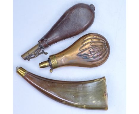 An Antique copper powder flask, a horn shot flask, and a leather shot flask with brass mount 