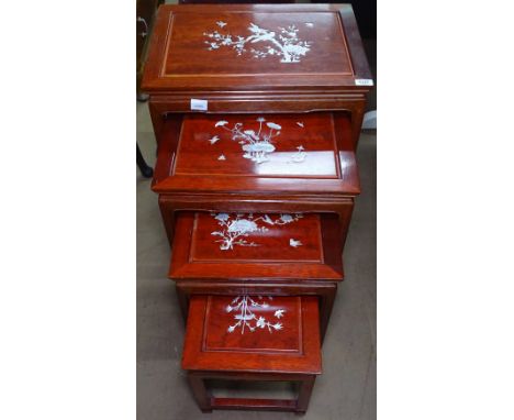 A quartetto of Oriental hardwood occasional tables, with mother-of-pearl inlaid decoration 