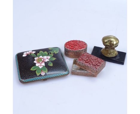 A cloisonne cigarette case, cinnabar-mounted embossed copper pillboxes, and a novelty snuff box 