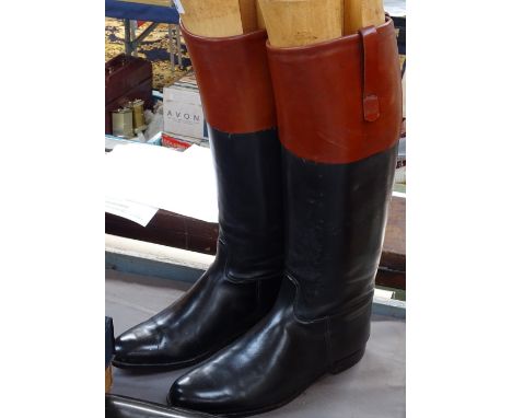 Vintage gent's red-topped black leather riding boots, complete with trees 