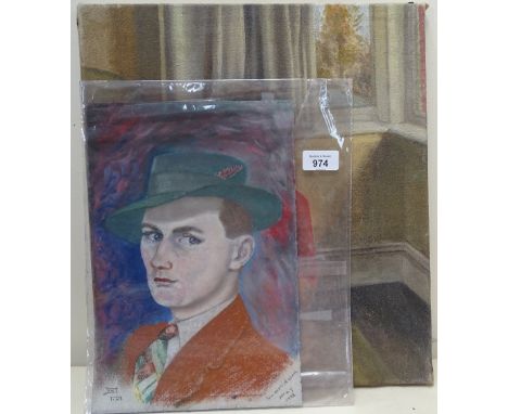 Early 20th century charcoal study, portrait of a man, monogrammed and dated 1938, 12.5" x 8.5", unframed, together with oil o