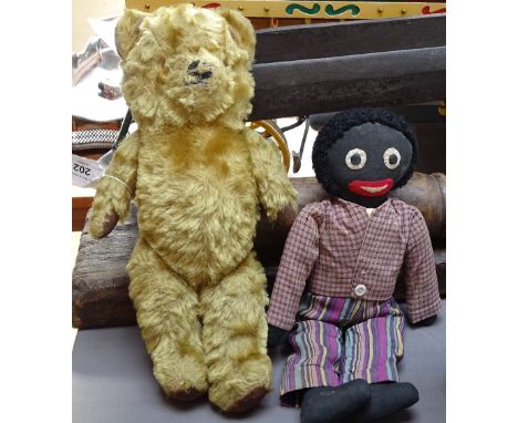 A Vintage gold plush teddy bear, 35cm, and a gollie 