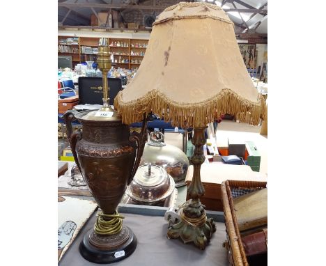 A copper oil lamp converted to electric, and a table lamp and shade, height 58cm 