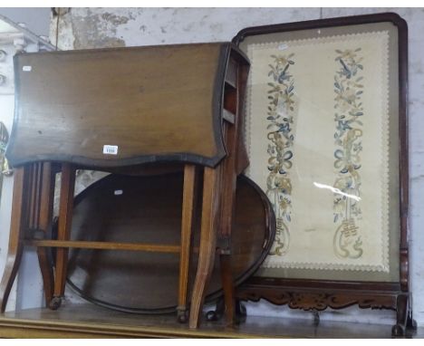 An Oriental hardwood-framed firescreen with an inset needlework and silk panel, W50cm, H80cm, an Edwardian Sutherland table, 