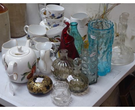Boxed Champagne set, Royal Worcester Evesham teaware, glass vases, a paperweight etc 