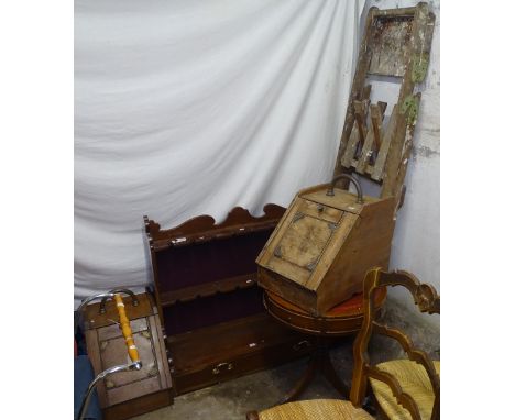 A mahogany drum table, a pine step ladder, 2 coal boxes, and a shelf 