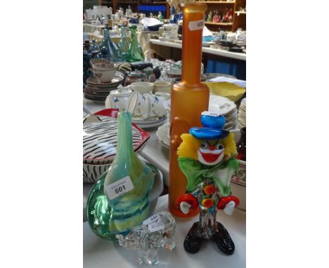 Art glass vase, clown, 22cm, Waterford Crystal elephant etc 