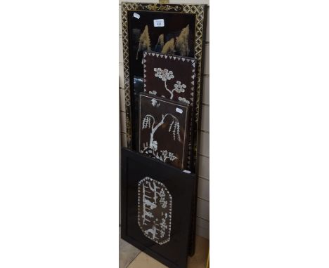 4 Oriental panels with inlaid mother-of-pearl, hardstone etc, tallest 91cm 