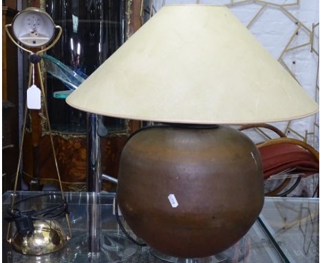 A brass and copper bulbous design table lamp and shade, and an Italian desk lamp, Stefano Cevoli 