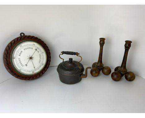 Oak Barometer, Treen Candlesticks and Copper Kettle 