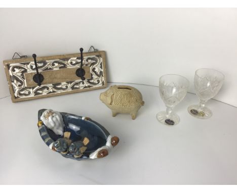 Ceramic Fisherman Boat, Pig Money Box, Pair of Bohemia Crystal Wine Glasses and Wood Panel Coat Hooks 