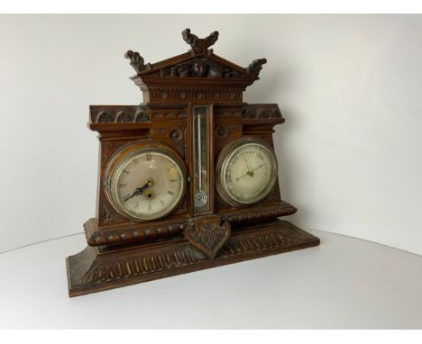 Carved Oak Clock/Barometer and Thermometer 