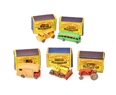4a Tractor (G box taped), 18 Caterpillar bulldozer (lacks one track, box taped) 21a Bedford coach MW, 28a Compressor lorry MW