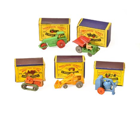 1b Road roller, 2b Dump truck MW (box taped), 3a Cement mixer, 8a Caterpillar tractor orange, black hat, gold radiator and 24