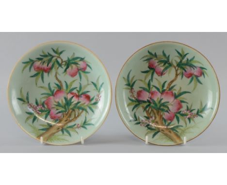 Pair of Chinese celadon ground porcelain plates enamelled with a branch of fruiting peaches, No chips, cracks or restoration.