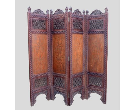 Indian carved hardwood four fold screen with pierced geometric and stylised floral decoration, 186cm x 196cm, Overal conditio