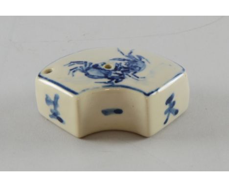 Chinese blue and white incense stick holder decorated with crabs and characters, 9cm wide, Minor glaze faults.