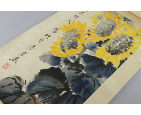 Chinese scroll depicting sunflowers, with calligraphy and red stamp mark, 77cm x 35cm, Various water stains to the silk and w