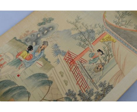 Chinese scroll depicting figures on a balcony and others in a garden below, with calligraphy and red stamp mark, image size 9