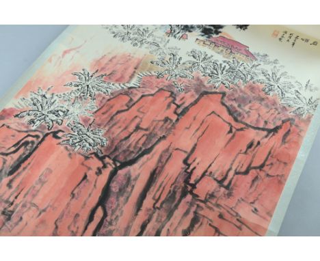 Chinese scroll depicting a building at the top of a cliff with steps going down, calligraphy and two red stamp marks, image s