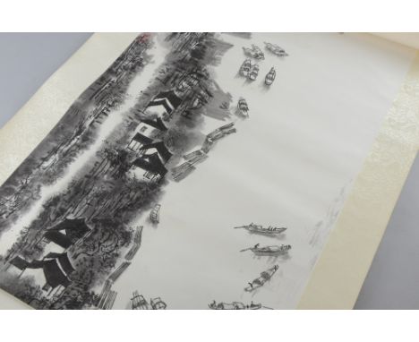 Chinese scroll depicting boats on a river, with calligraphy and red stamp mark, 69cm x 44cm, 